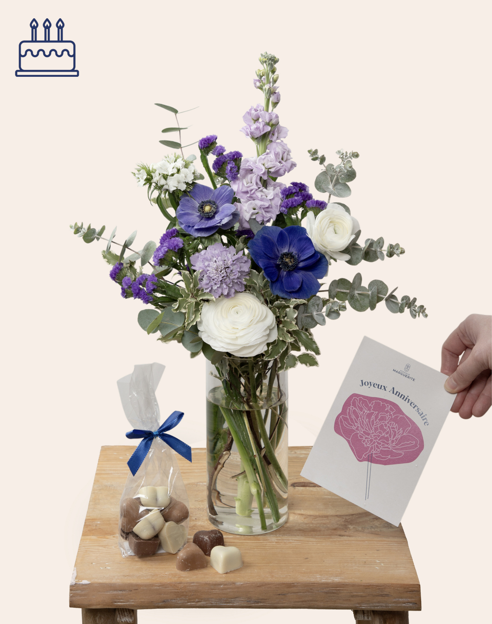 Pack anniversaire - Bouquet de saison bleu et blanc