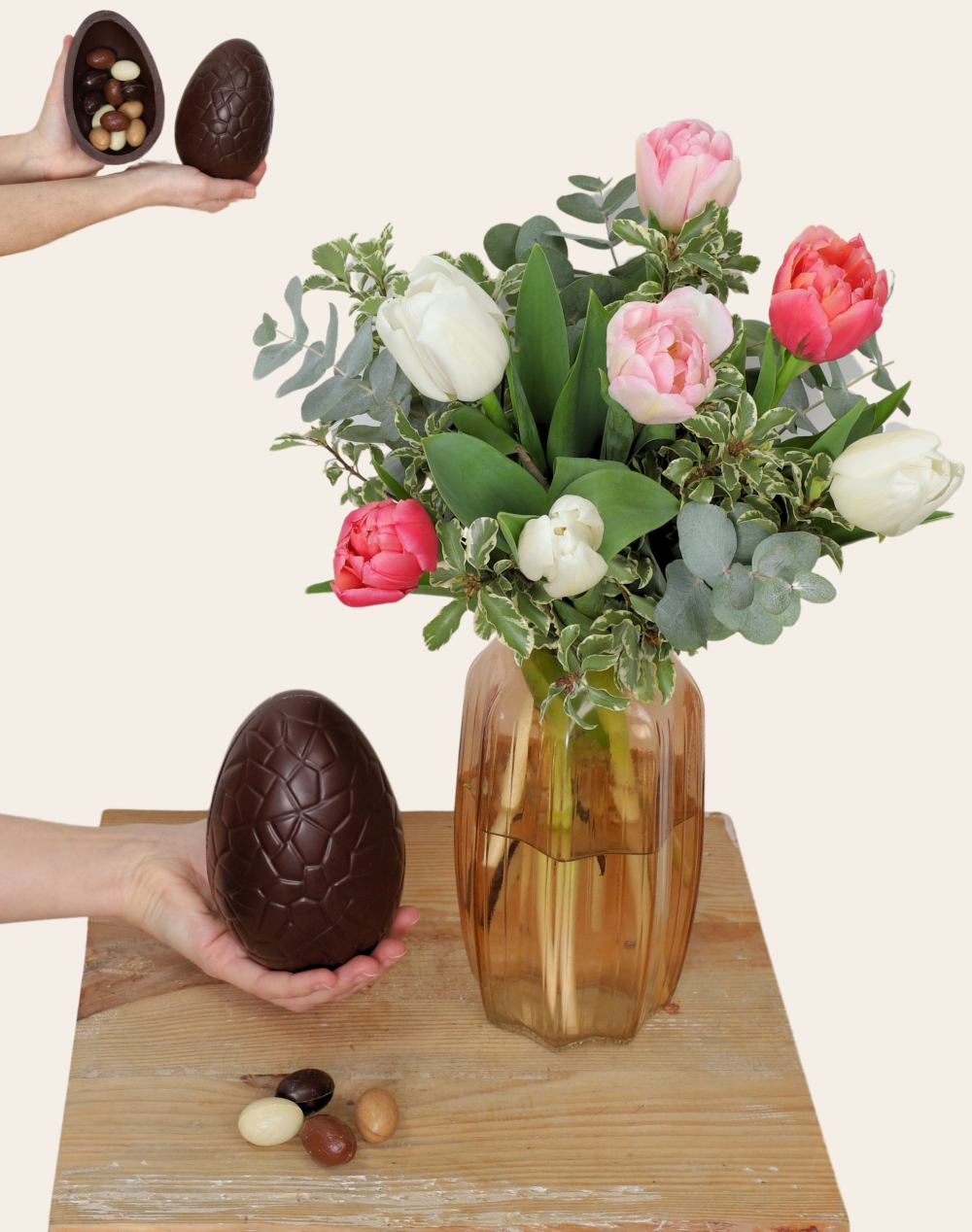 Duo de Pâques - Bouquet de Tulipes surprises et son Oeuf au chocolat