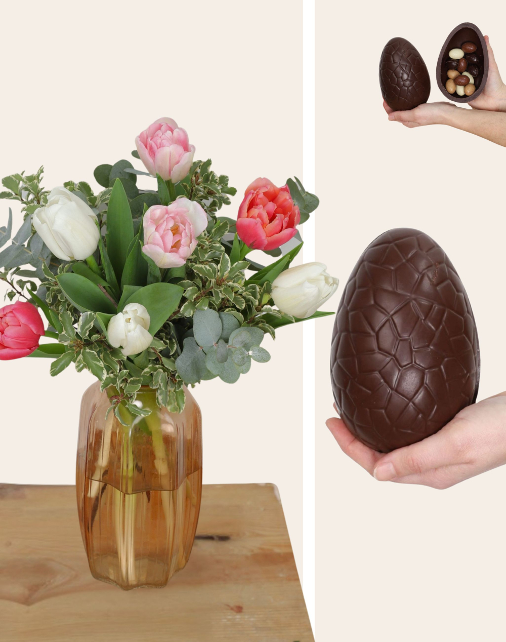 Duo de Pâques - Bouquet de Tulipes surprises et son Oeuf au chocolat