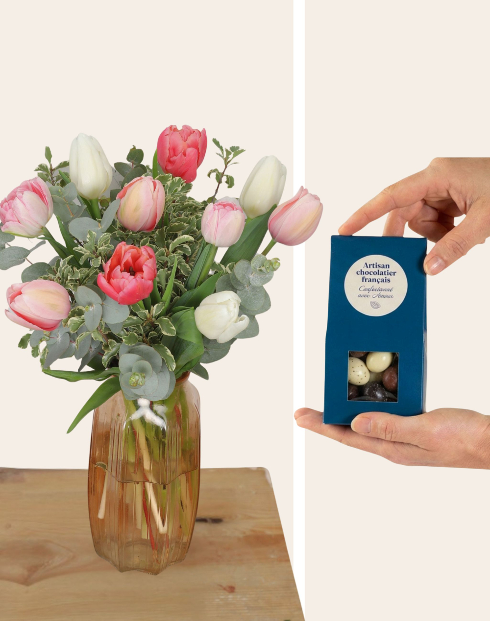 Duo de Pâques - Bouquet de Tulipes surprises et son étui d'oeufs pralinés au chocolat