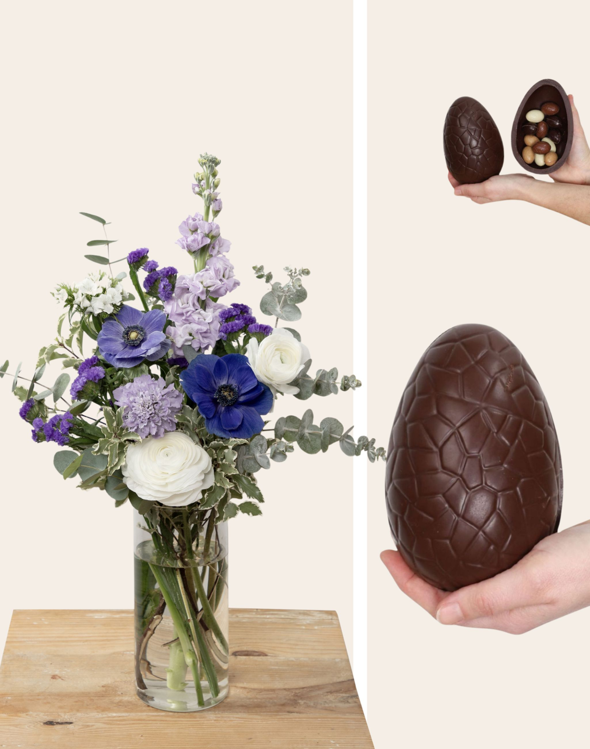 Duo de Pâques - Bouquet de saison bleu et blanc et son Oeuf au chocolat