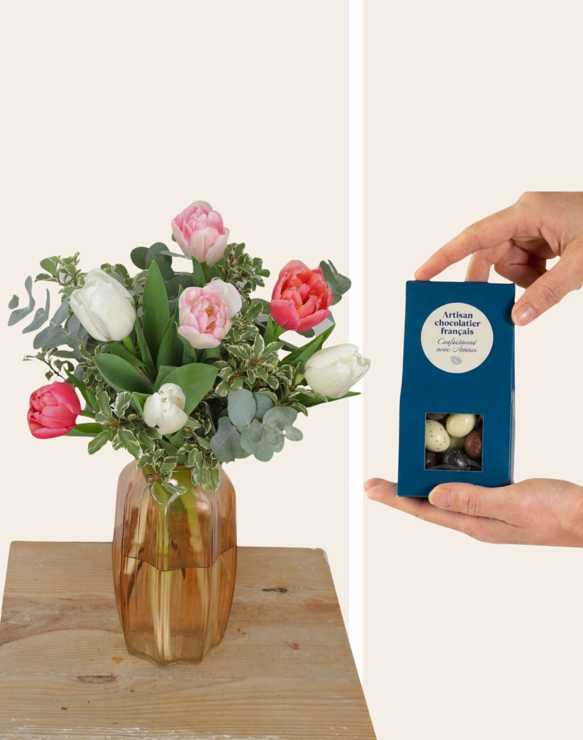 Duo de Pâques - Bouquet de Tulipes surprises et son étui d'oeufs pralinés au chocolat