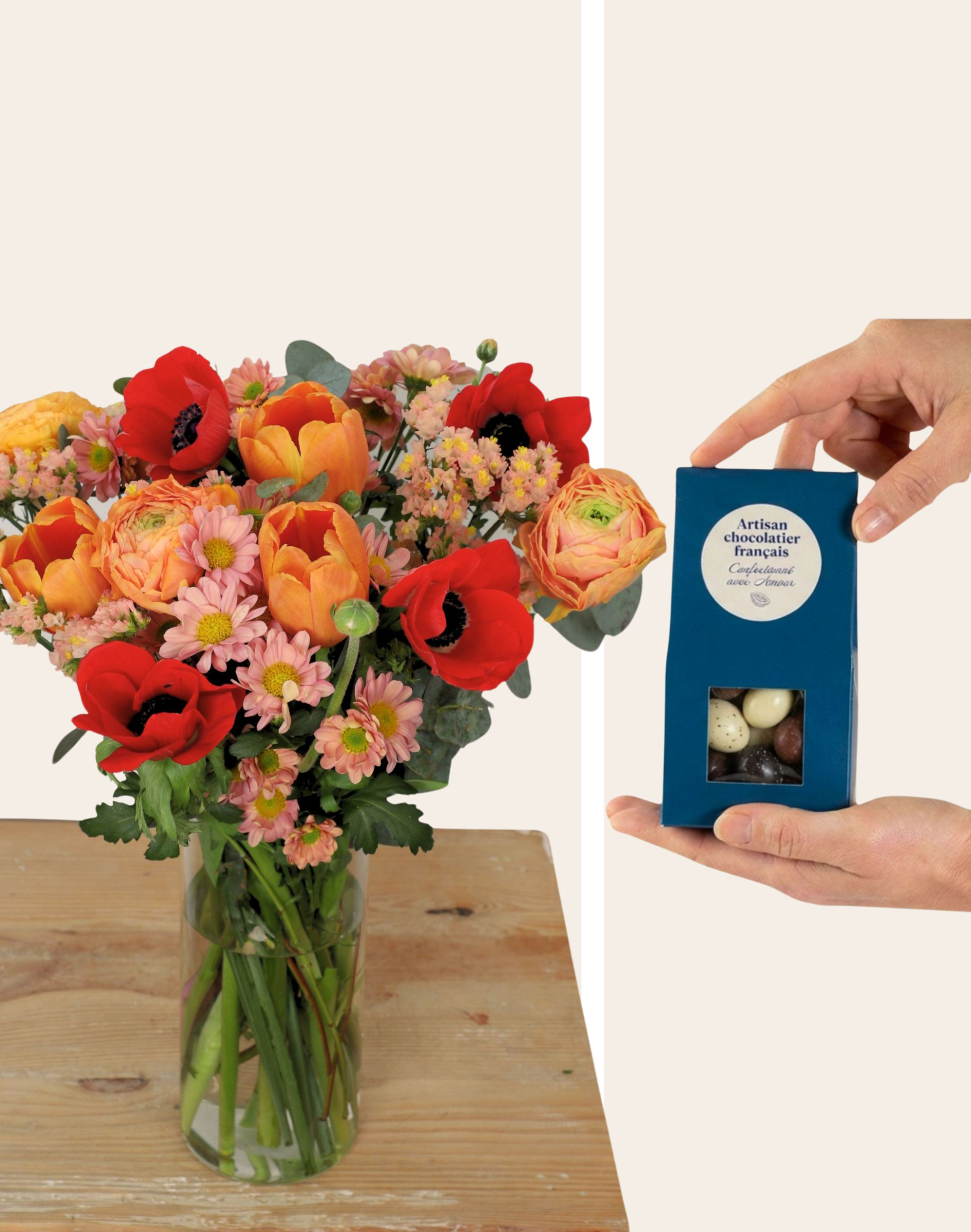 Duo de Pâques - Bouquet de saison coloré et son étui d'oeufs pralinés au chocolat