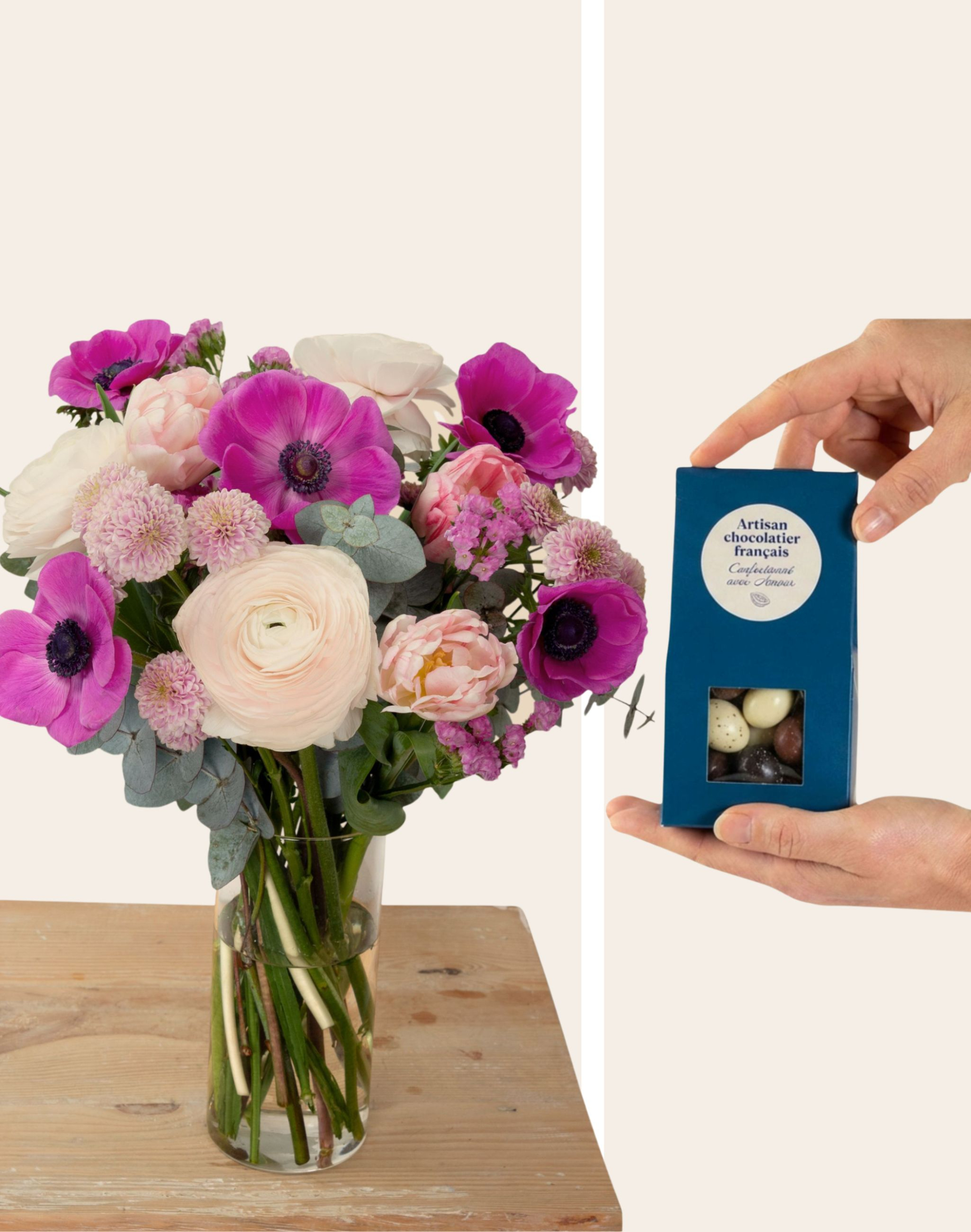 Duo de Pâques - Bouquet de saison rose et son étui d'oeufs pralinés au chocolat