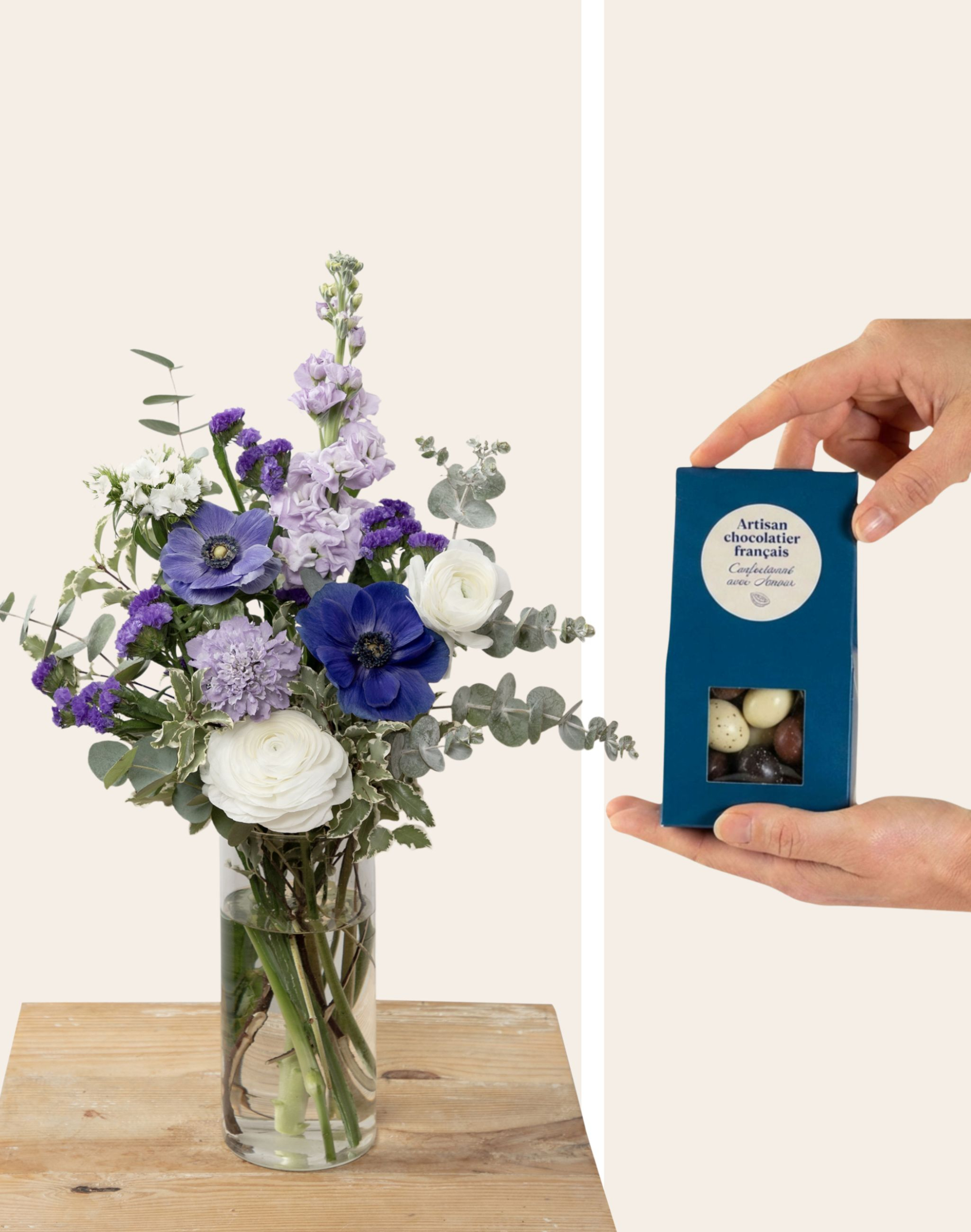 Duo de Pâques - Bouquet de saison bleu et blanc et son étui d'oeufs pralinés au chocolat
