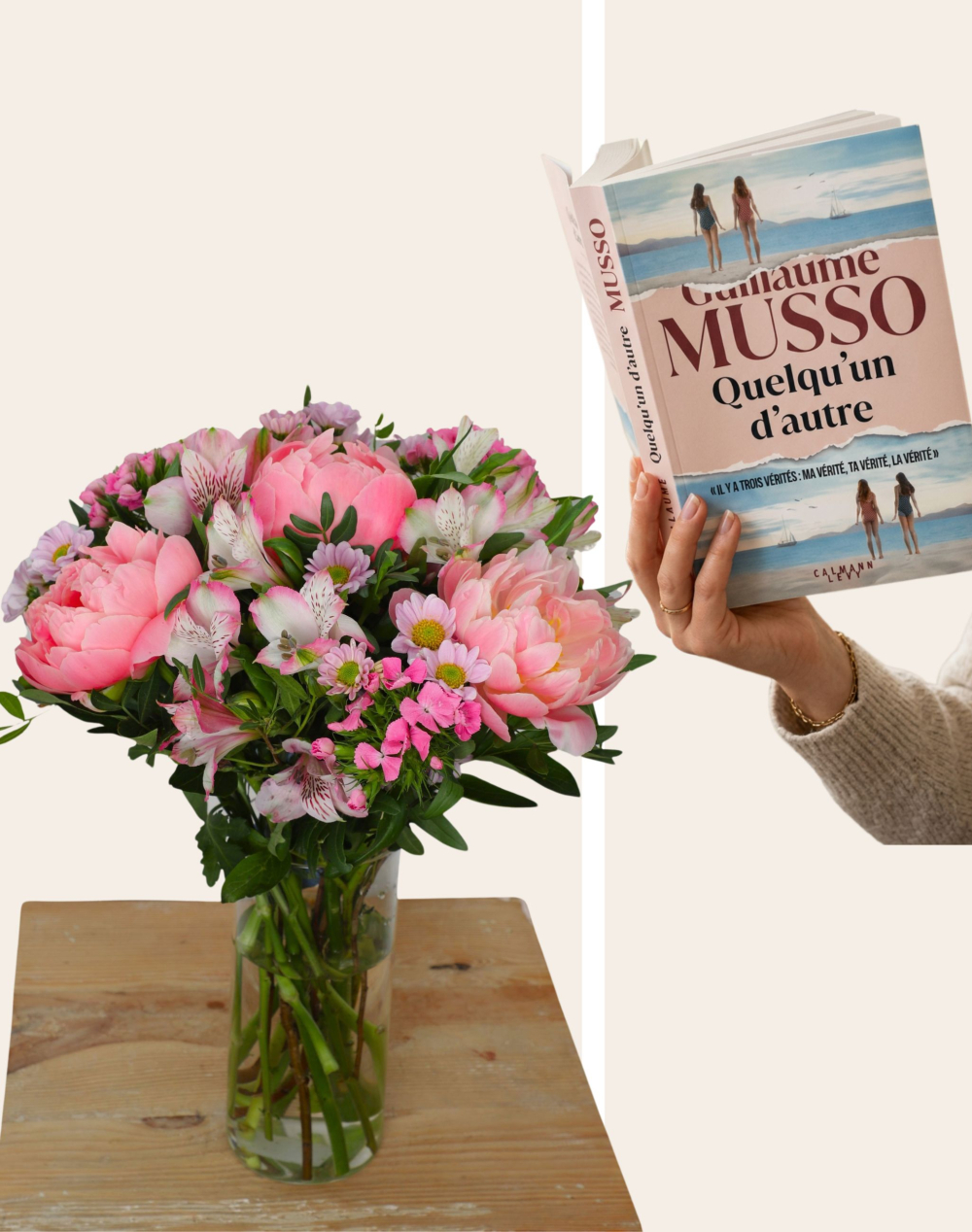 Duo - Bouquet de saison rose et livre du mois