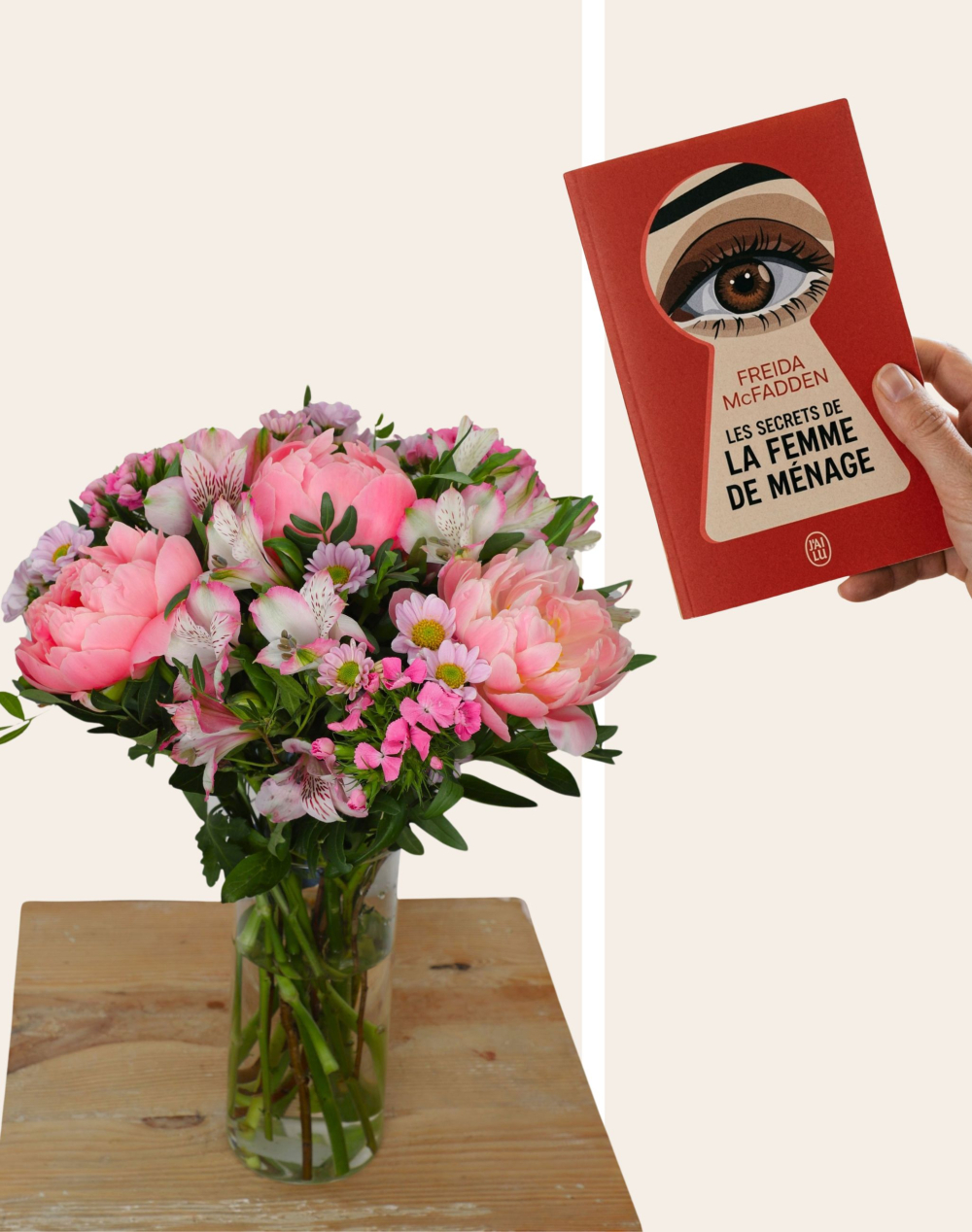 Duo - Bouquet de saison rose et livre du mois