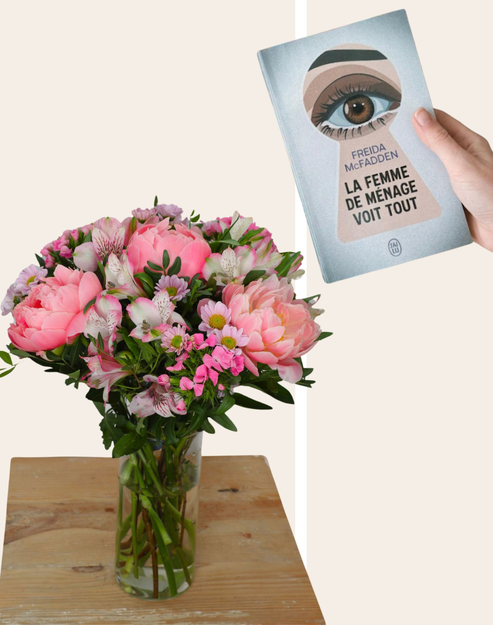 Duo - Bouquet de saison rose et livre du mois