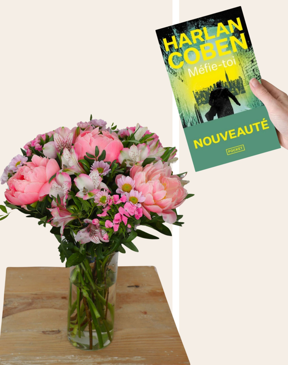 Duo - Bouquet de saison rose et livre du mois