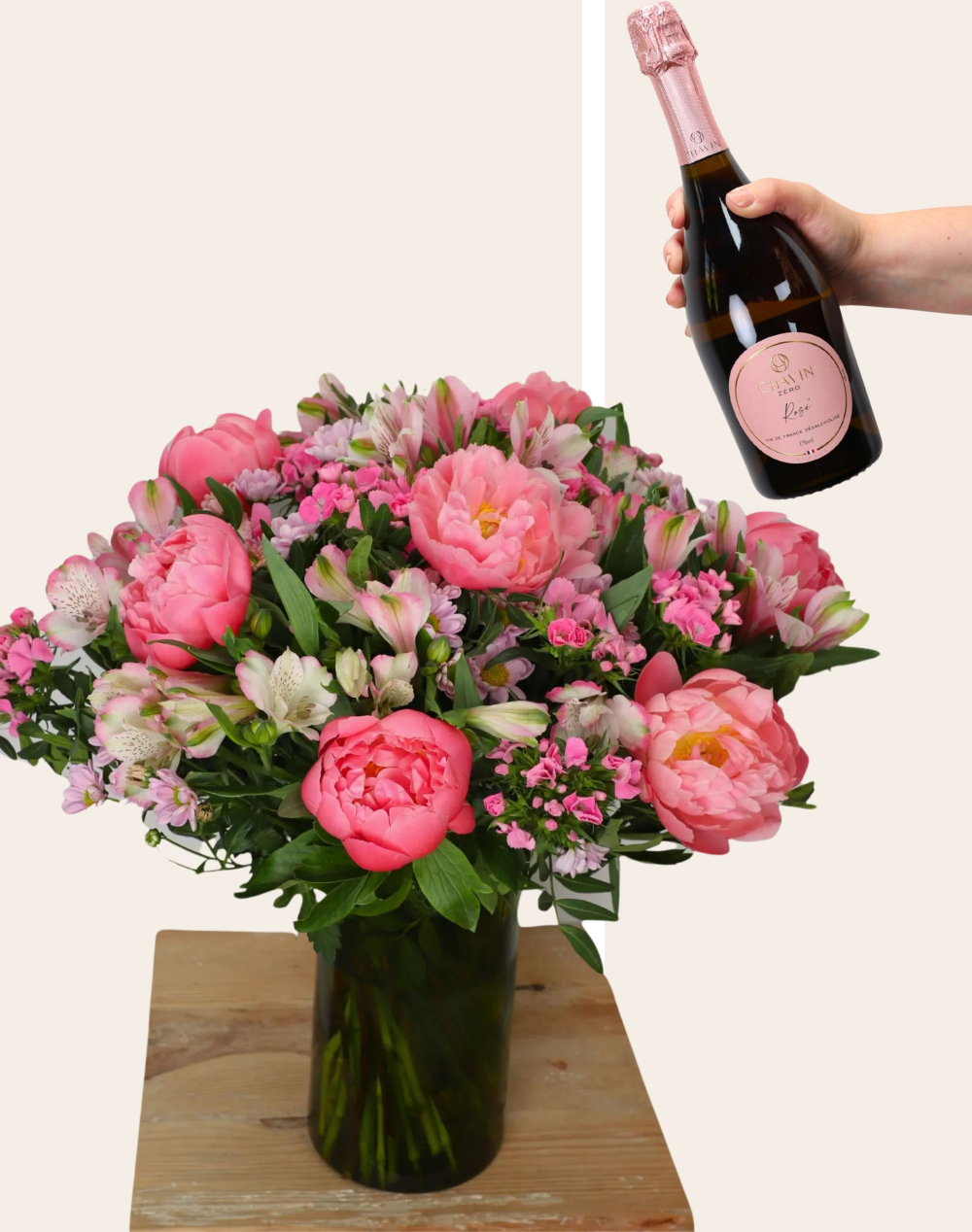 Duo - Bouquet de saison rose et Vin sans alcool