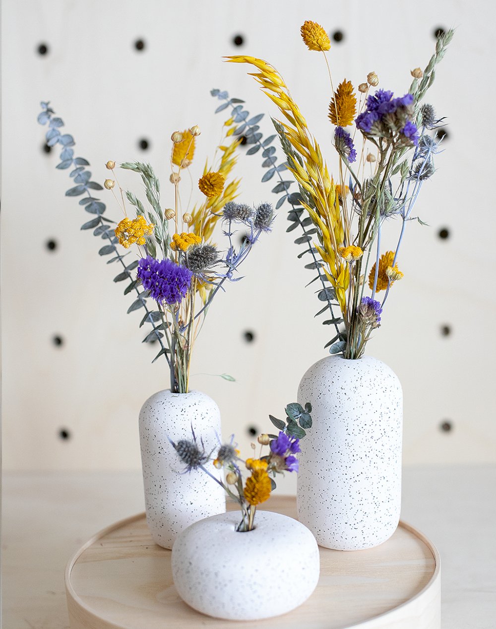 Trio de soliflores et ses fleurs séchées Bleu